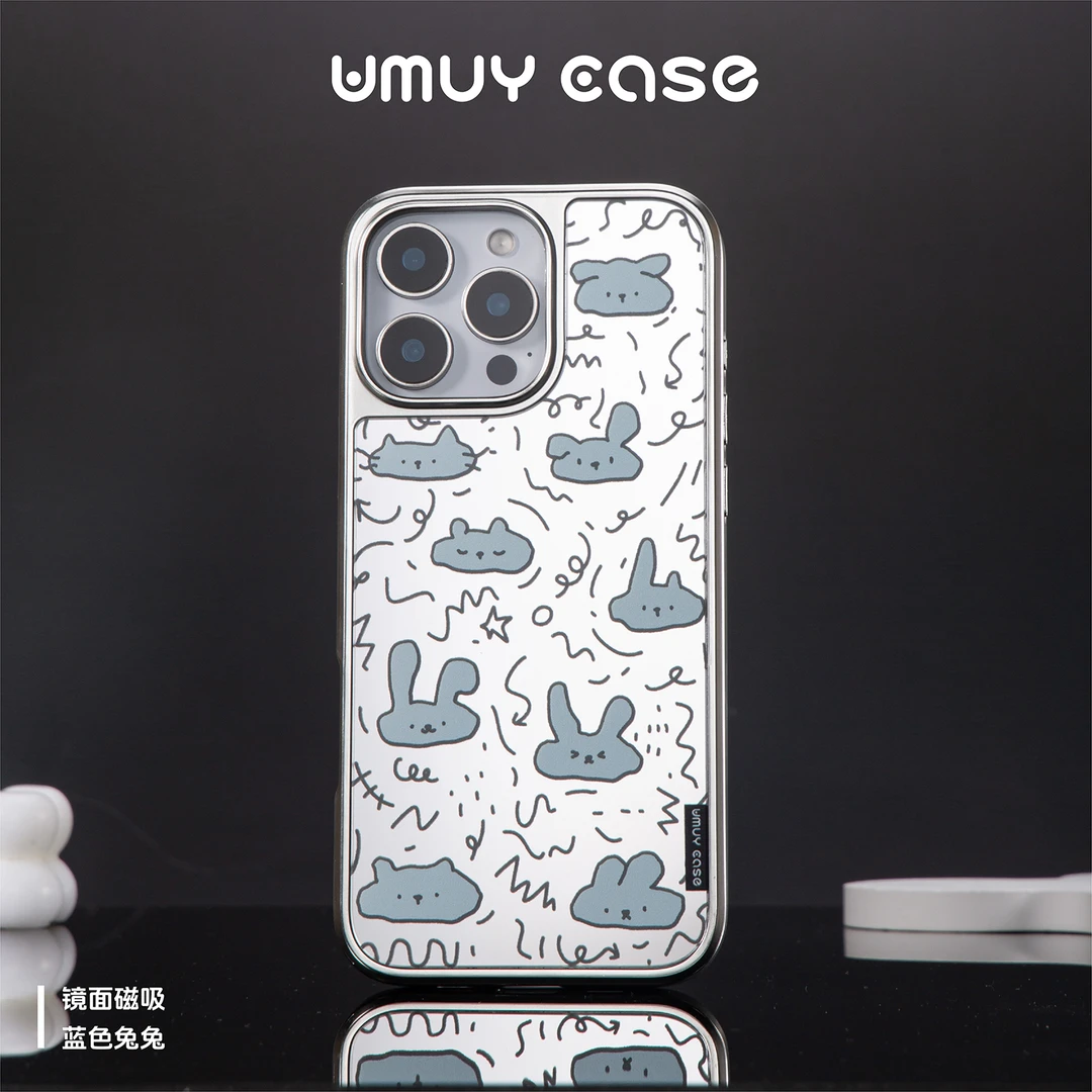 UMUYCASE 镜面蓝色兔兔磁吸壳适用于iPhone15/16女款