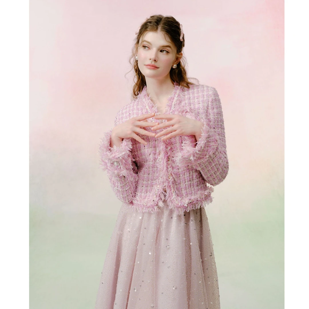 limil/丽米儿休闲时尚蝴蝶亮片花纱浪漫风小香短款外套女9400070