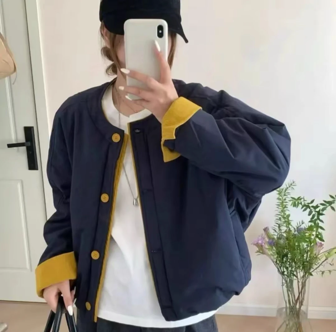 [专属】秋冬新款拼色宽松显瘦拼色小个子轻薄夹棉女外套