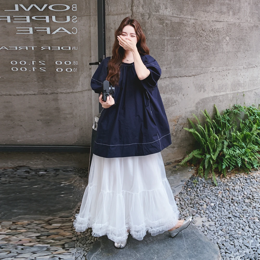 夏季ootd穿搭减龄套装裙女2025慵懒感泡泡袖上衣网纱半身裙两件套