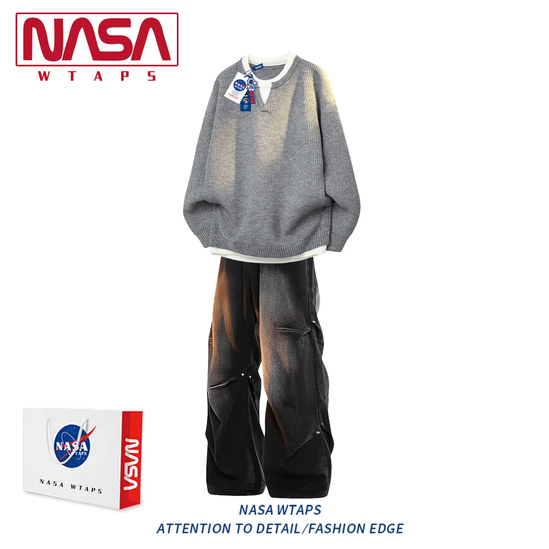 NASA WTAPS美式复古假两件针织毛衣套装男款春秋季宽松休闲两件套