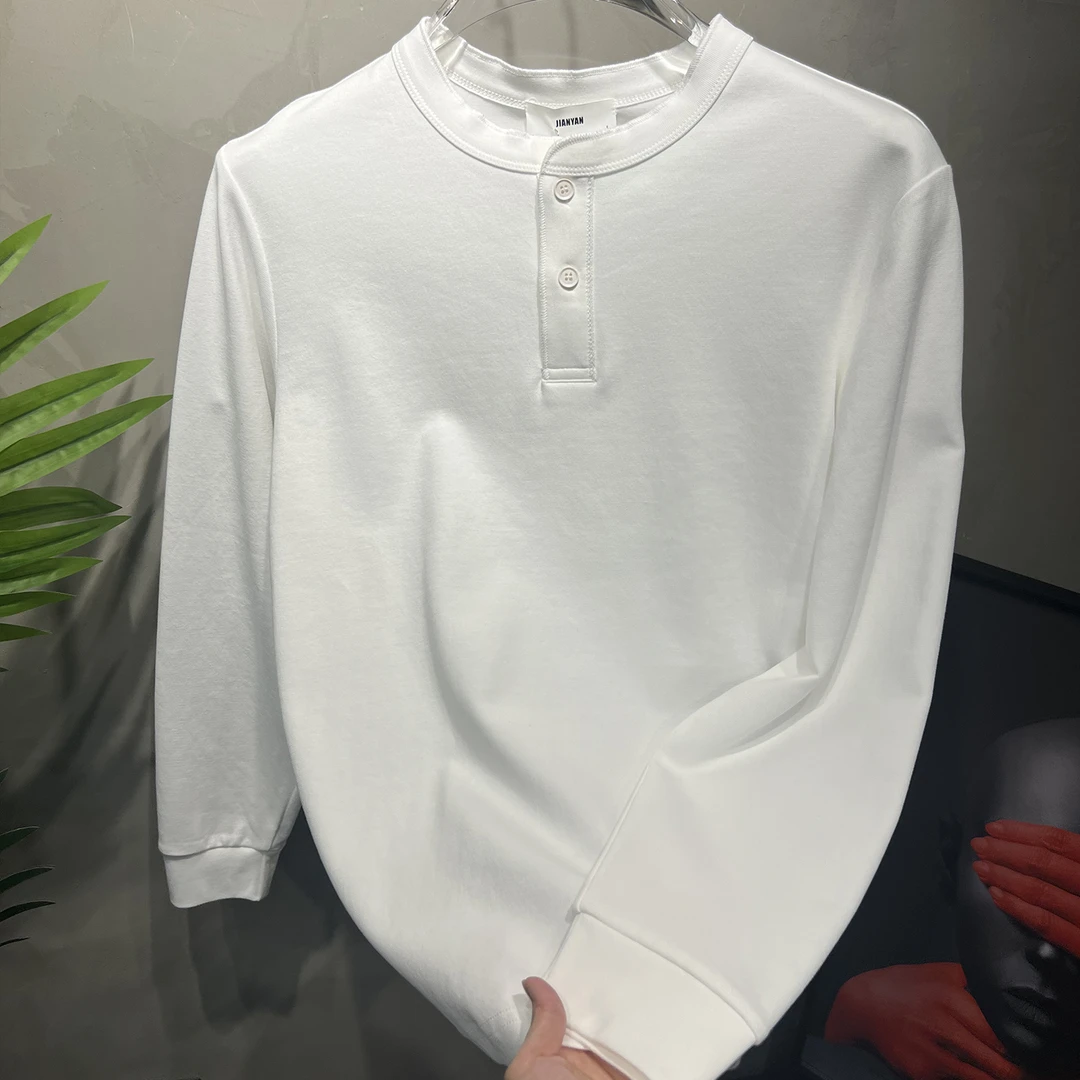 欧洲站男士时尚个性圆领长袖白色重磅T恤潮流百搭上衣秋季打底衫