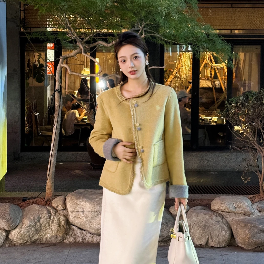 【双面羊毛小香风】2025秋冬新款流苏两面穿撞色短款羊毛外套2506