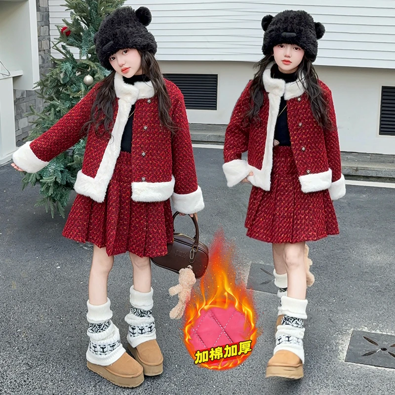 女童小香风2025套装秋冬加厚红色毛领外套百褶裙两件套新年拜年服