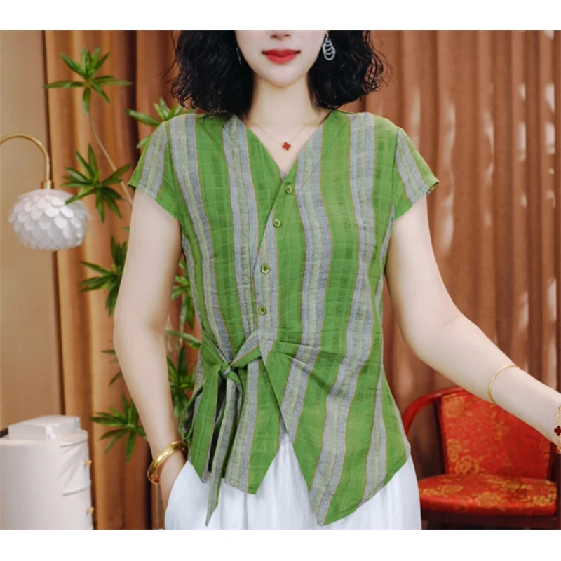 夏季新款休闲洋气短袖气质百搭V领显瘦开衫扣上衣小衫