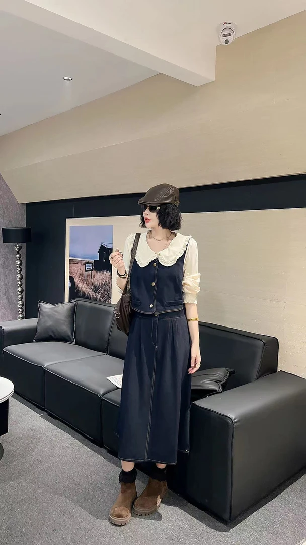 韩版时尚显瘦气质娃娃领假三件优雅拼接连衣裙5044