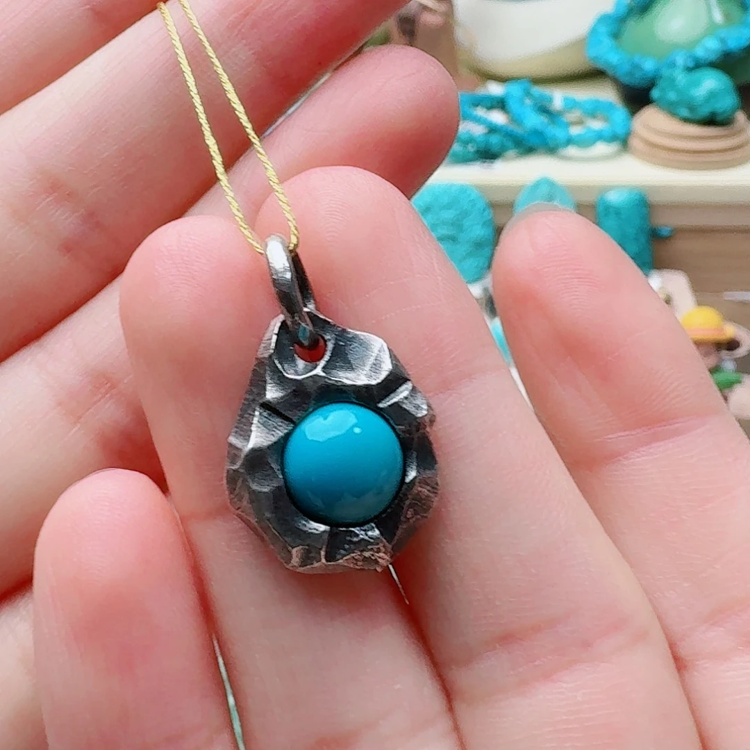 绿松石银S925镶嵌高瓷蓝复古款吊坠