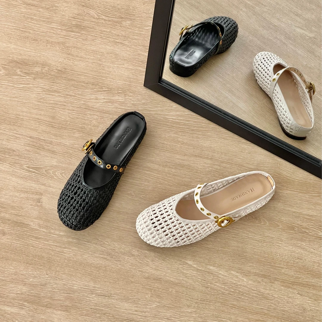 HUSSLOVE 牛皮+编织·跟高3.5CM·日常百搭编织镂空半拖女鞋外穿