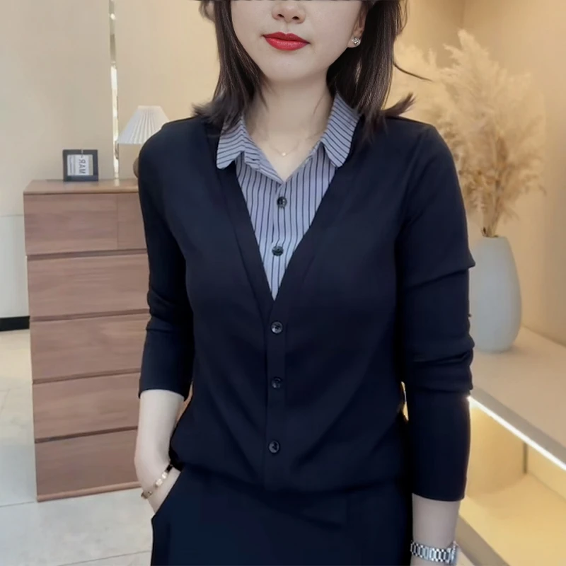 拼接衬衫领妈妈装早春2025新款上衣X时尚假两件螺纹棉显瘦衬衣女
