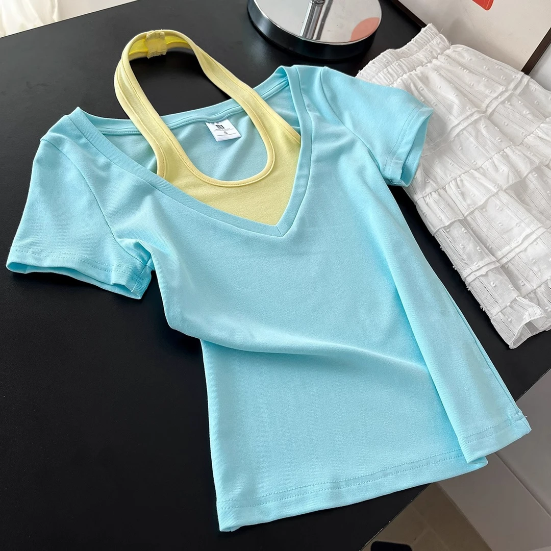 时髦夏季新款爆款多巴胺薄荷绿色独特撞色假两件上衣女短袖t恤衫