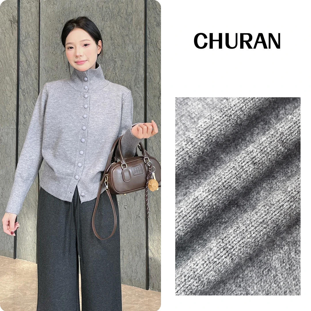 U.V.Y秋冬新款高领纽扣针织开衫气质长袖休闲打底衫女T恤外穿