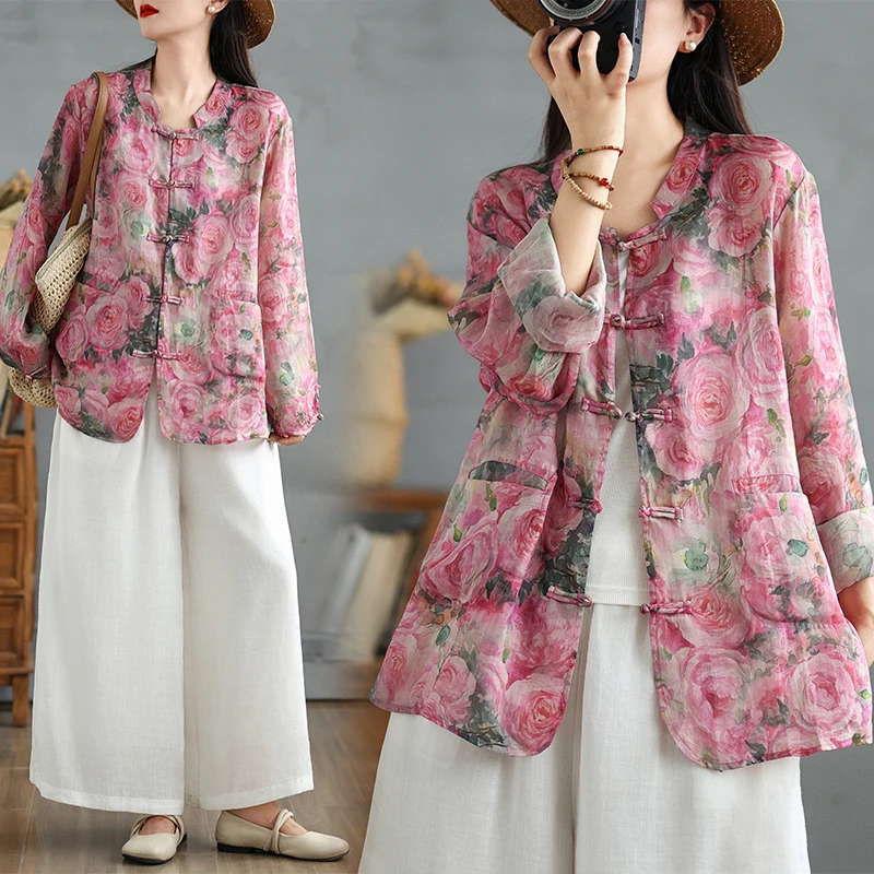 复古棉麻春秋中长款开衫宽松大码新中式休闲盘扣文艺衬衫