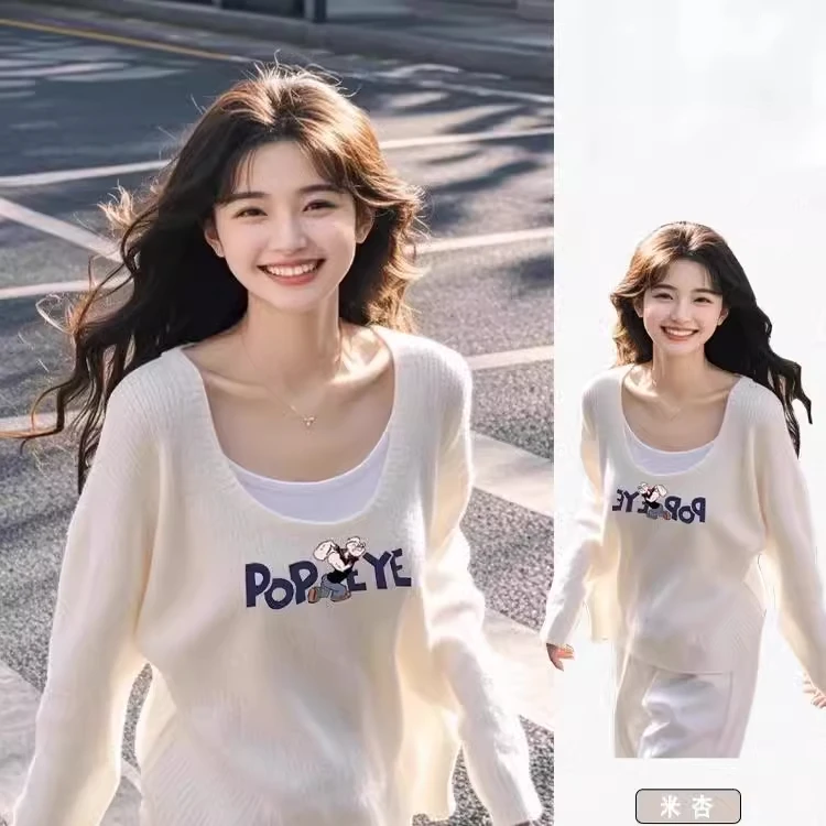 独特别致白色低领假两件针织衫女春秋设计感卡通印花长袖上衣毛衣