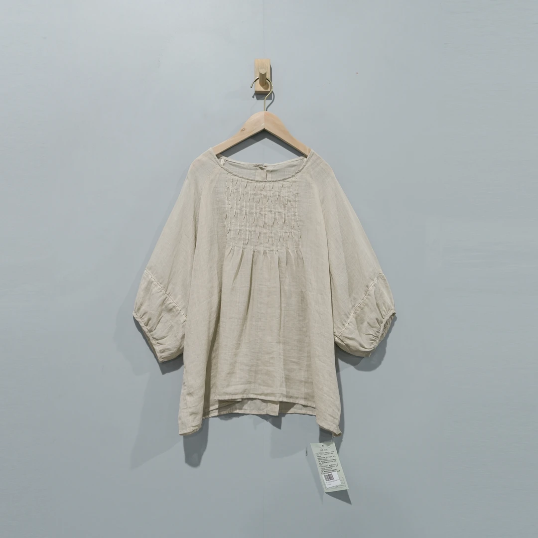 【且听风吟】0113307文艺苎麻圆领捏褶插肩袖百搭上衣衣长66胸围124