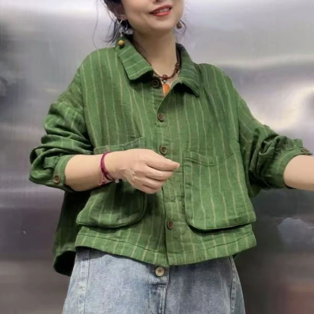 复古文艺做旧细条纹宽松短款外套