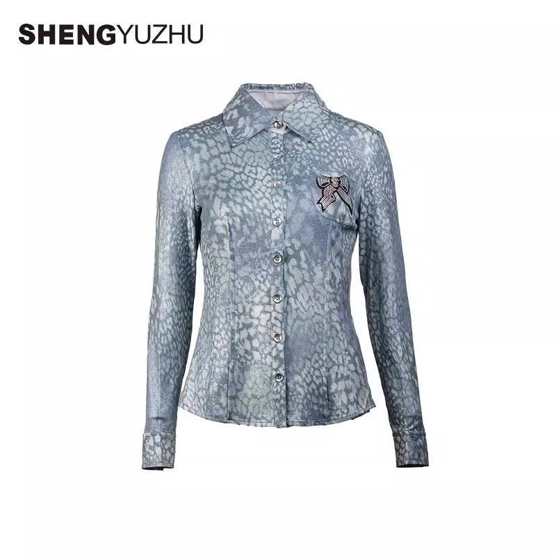 声雨竹官方旗舰店2025年春秋新款弹力翻领衬衫女士长袖上衣高级感