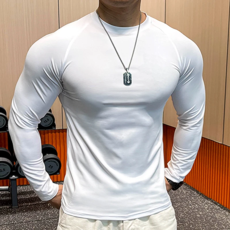新款男士显壮运动长袖T恤健身训练跑步弹力圆领紧身内搭上衣修身