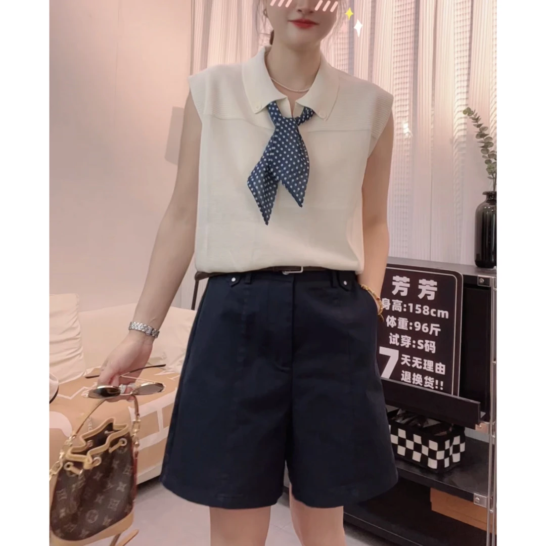 芳芳家【飘带丝巾】冰凉夏日~显瘦百搭!  翻领丝巾无袖针织上衣