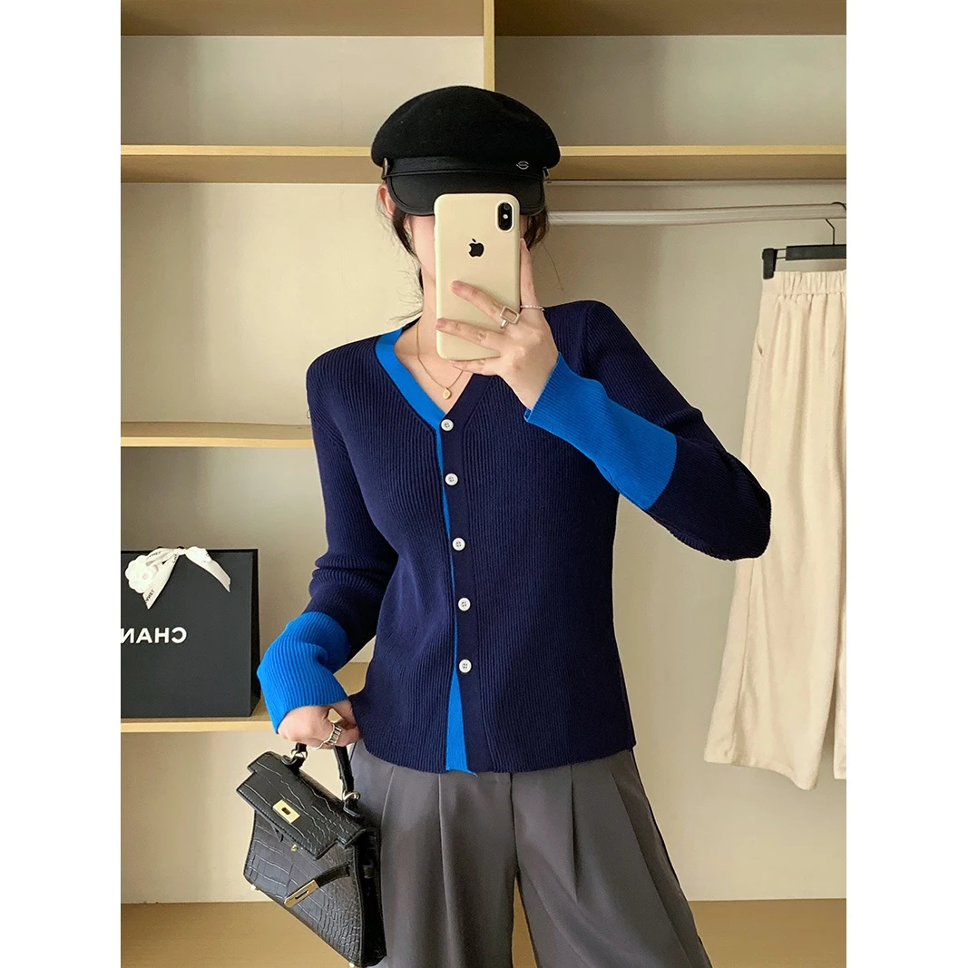 大码女装拼色长袖针织开衫秋冬微胖显瘦V领针织衫上衣