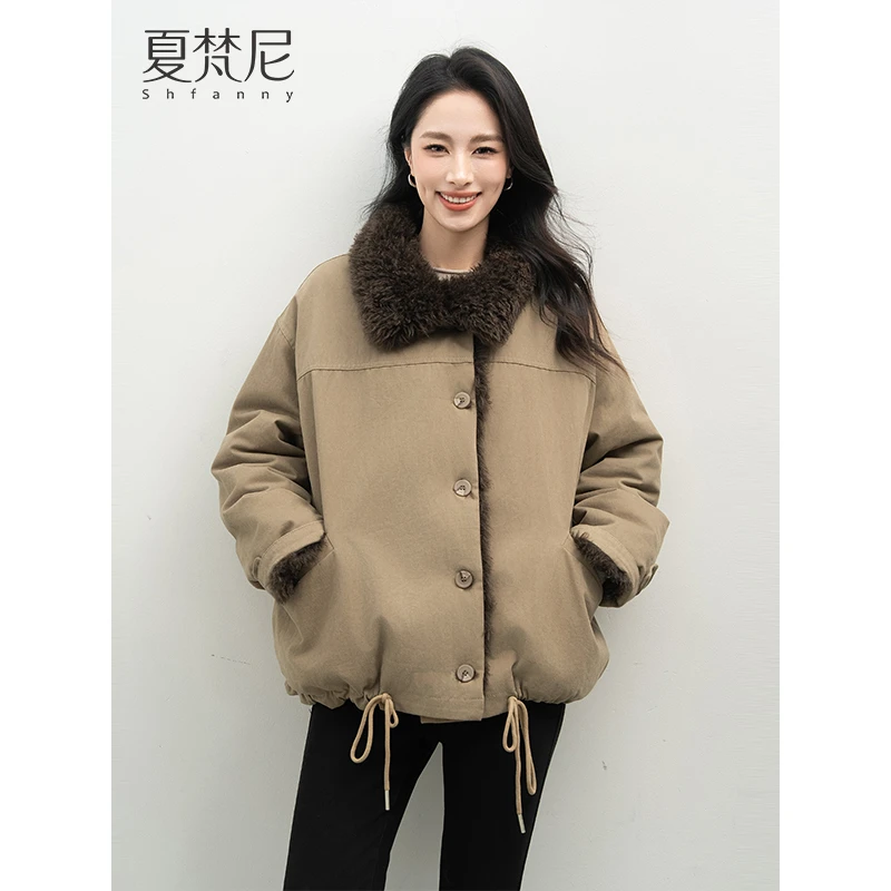 夏梵尼晴昼唱片2025年冬冬季新款韩系设计感抽绳翻领毛毛外套