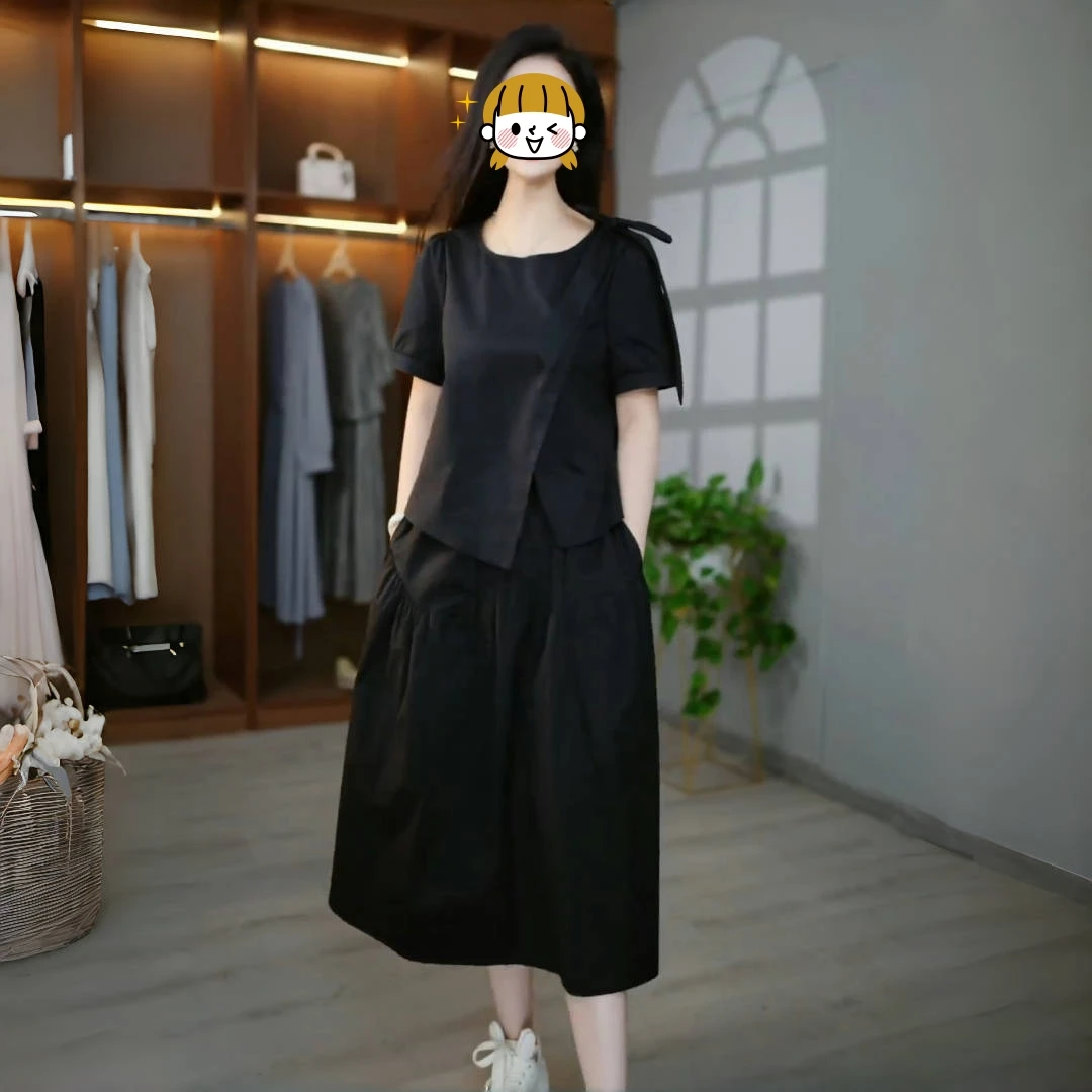 2025夏季新款高级感蝴蝶结系带显瘦短袖上衣半身裙休闲两件套装女