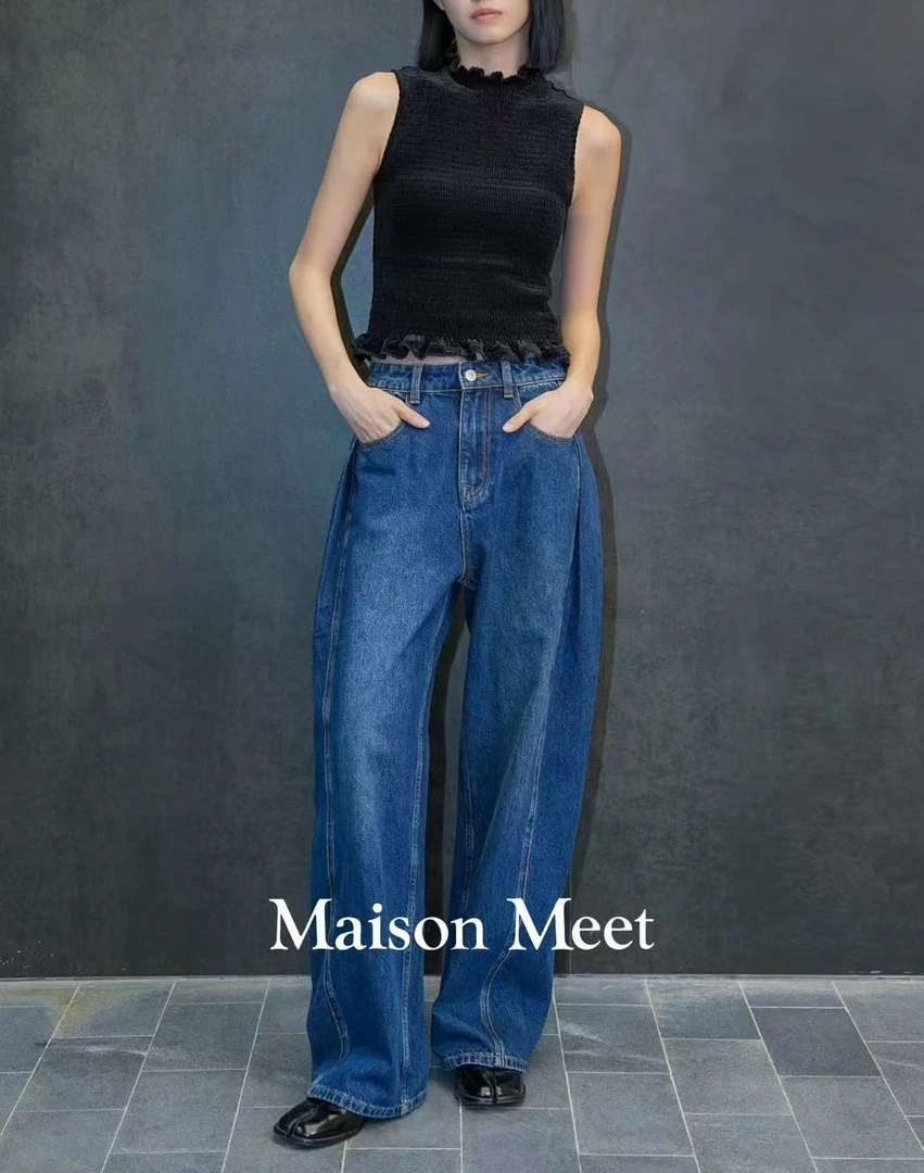 【Maison Meet】复古时尚蓝色显瘦直筒高腰宽松水洗牛仔裤V1755