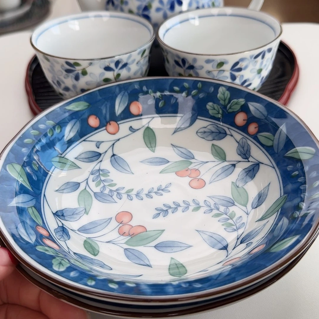 瓷片2只蓝染樱桃16厘米深盘