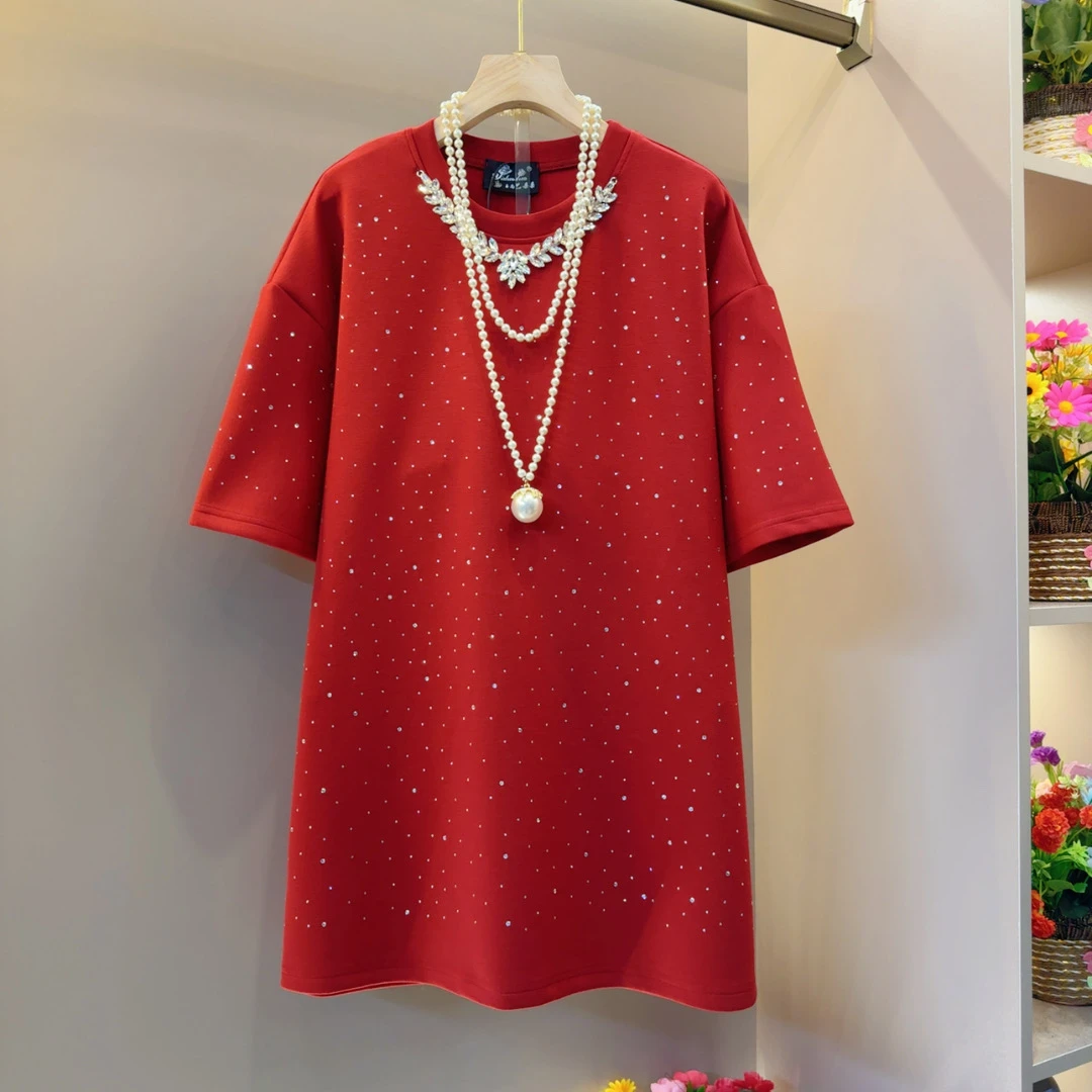 满天星欧货钻领气质显瘦轻奢宽松T恤衣长80左右