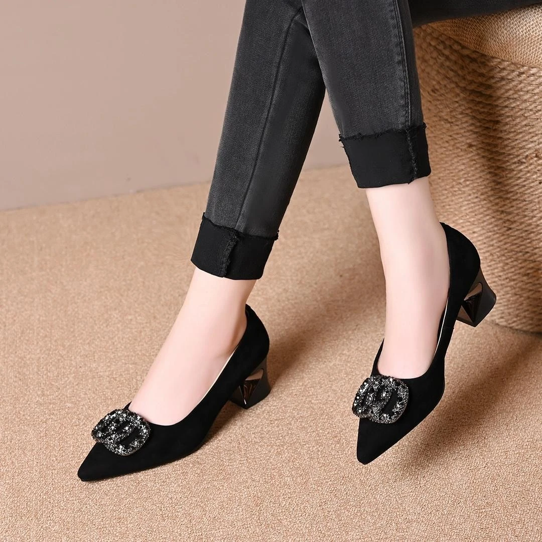 法式浅口粗跟单鞋女款尖头水钻小香风一脚蹬通勤百搭气质高跟鞋女