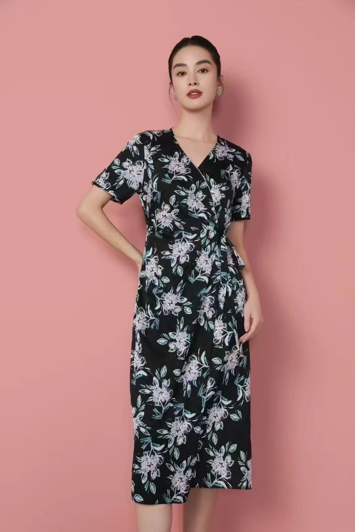 声雨竹1p931茶歇裙夏季连衣裙印花长裙碎花复古中长款收腰显瘦