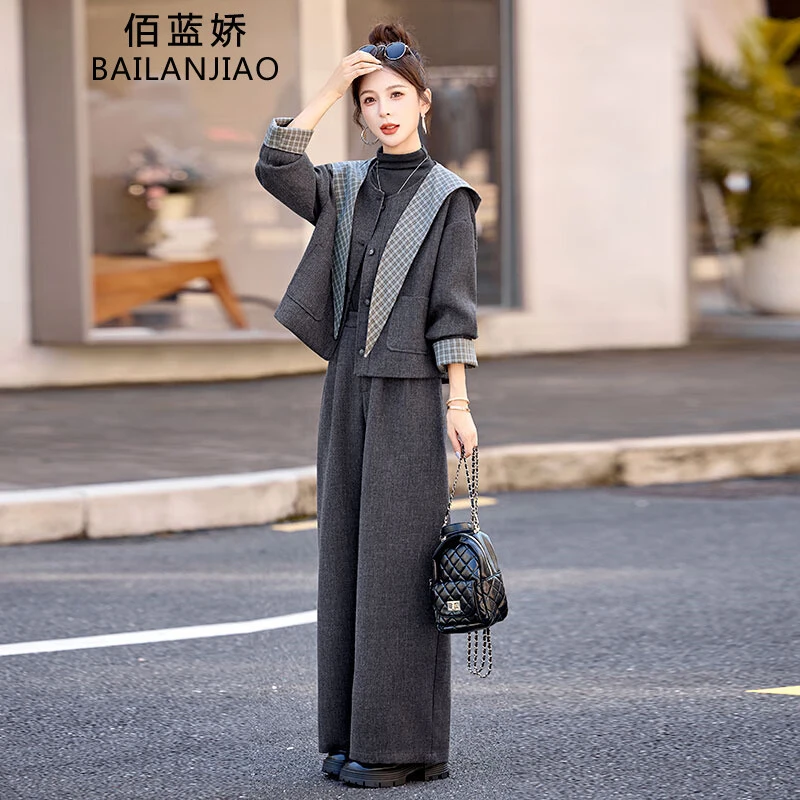 秋冬季女士毛呢套装裤女2025新款时尚洋气阔腿裤三件套显瘦遮肉