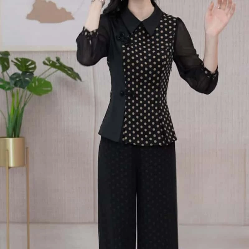 中国风时尚气质2025春季新款高端显瘦波点衬衫上衣洋气阔腿裤套装