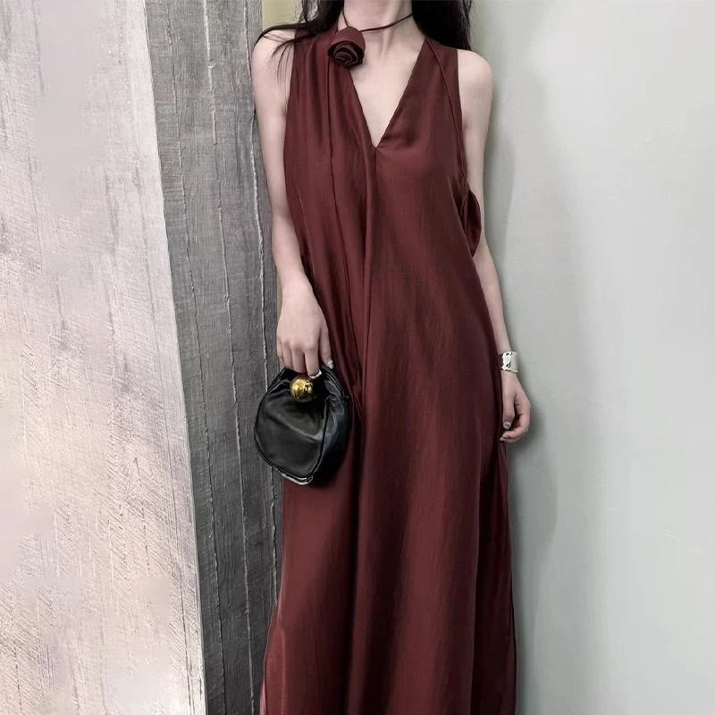 慵懒风背心长裙高级感v领+送飘逸飘带 夏季新款长裙女设计感ins潮