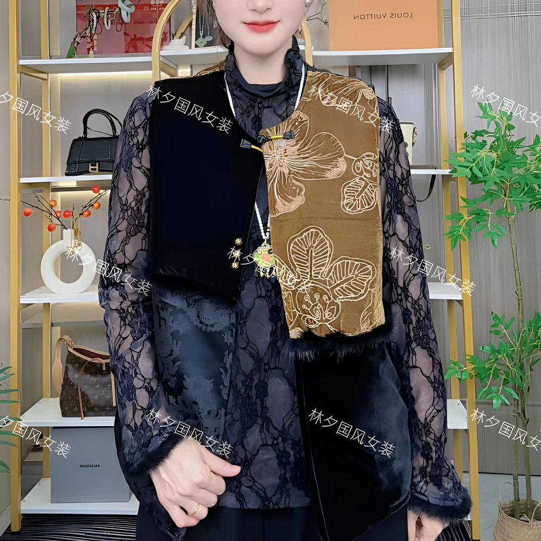 新中式拼接水貂毛加棉大码女装马甲百搭复古国风立领
