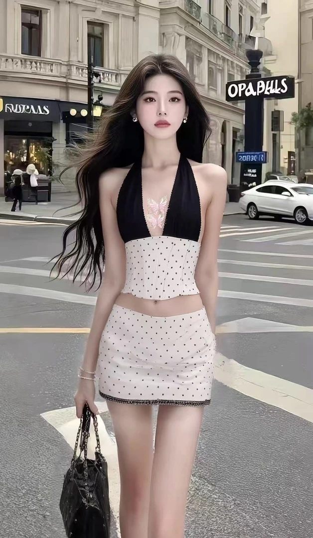 ins风气质名媛性感辣妹风V领修身挂脖设计感上衣+波点包臀半身裙