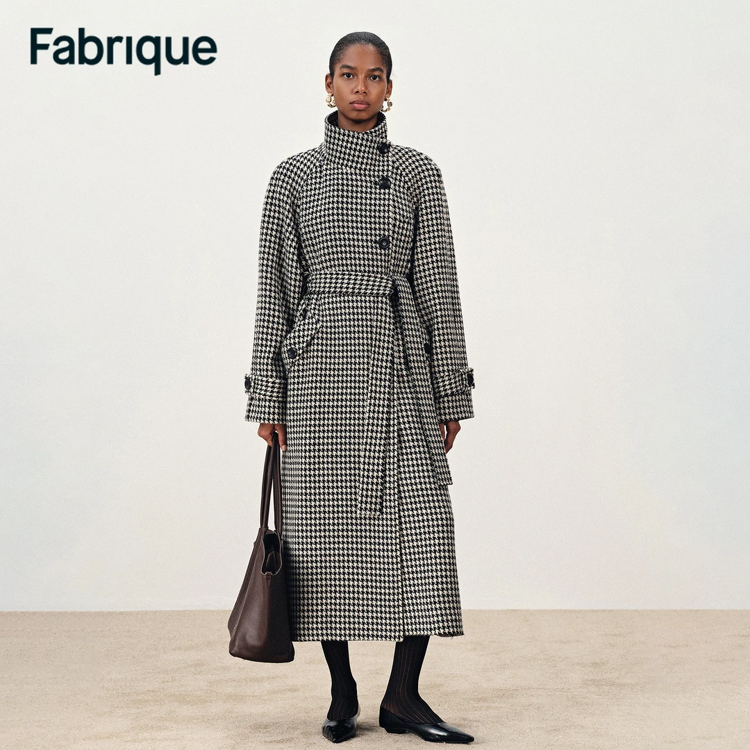 Fabrique Saki 秋冬新品千鸟格绵羊毛配腰带立领偏门襟长款大衣