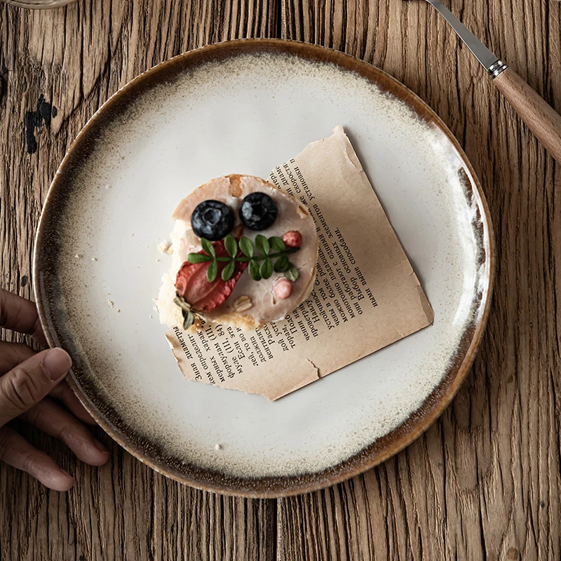 高颜值网红陶瓷盘复古8英寸盘沙拉盘窑变盘陶瓷菜盘西餐盘备菜盘