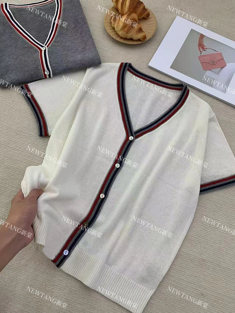 【蓝红交织】236气质时尚复古条纹领简约开衫短袖