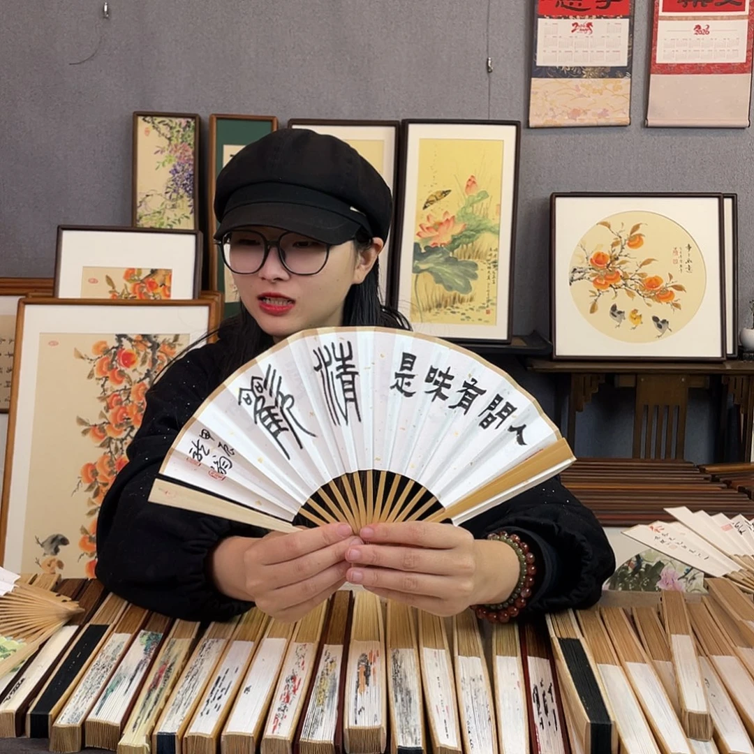 国画6寸玉竹-纯手绘-文玩扇骨（默认粘好）