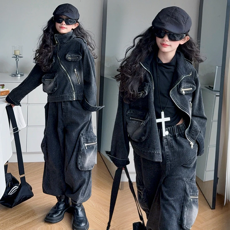 女童秋季潮酷重工拉链牛仔套装6-12岁15中大童小女孩宽松洋气套装