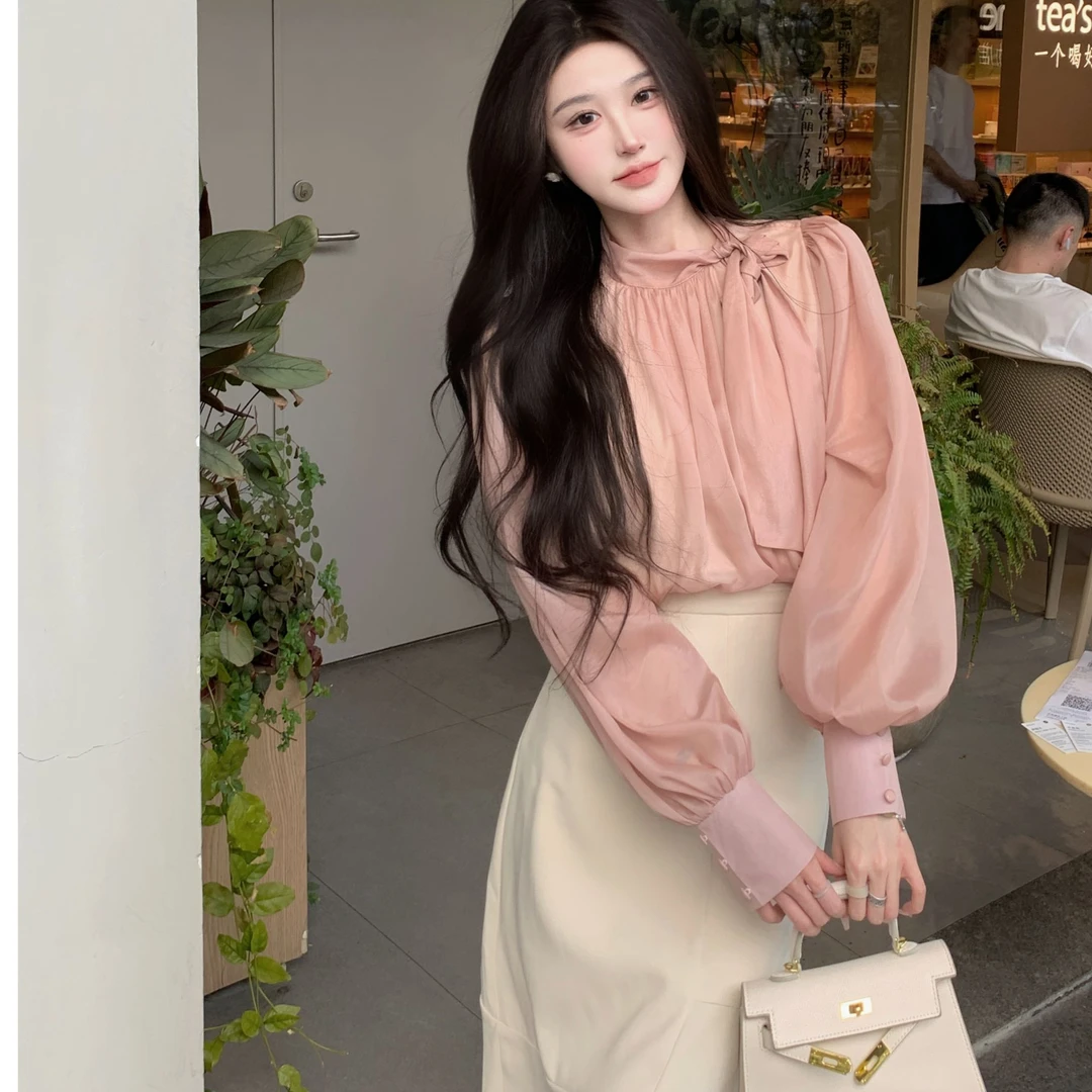 韩芸音实物实拍法式藕粉雪纺沙欧若风气质显瘦泡泡袖春夏时尚上衣