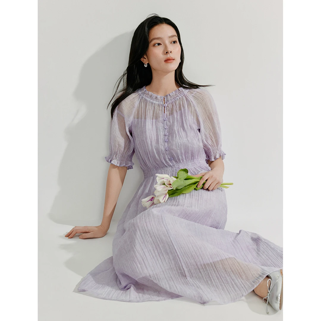 茵曼法式皱感花边连衣裙套装2025夏季女装新款泡泡袖a字气质长裙