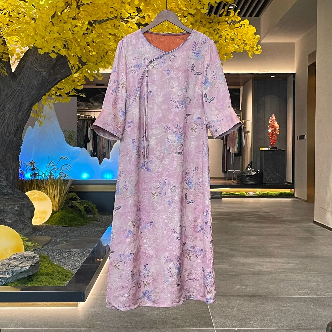 【樱若】2025新款夏季气质新中式圆领提花女装七分袖连衣裙