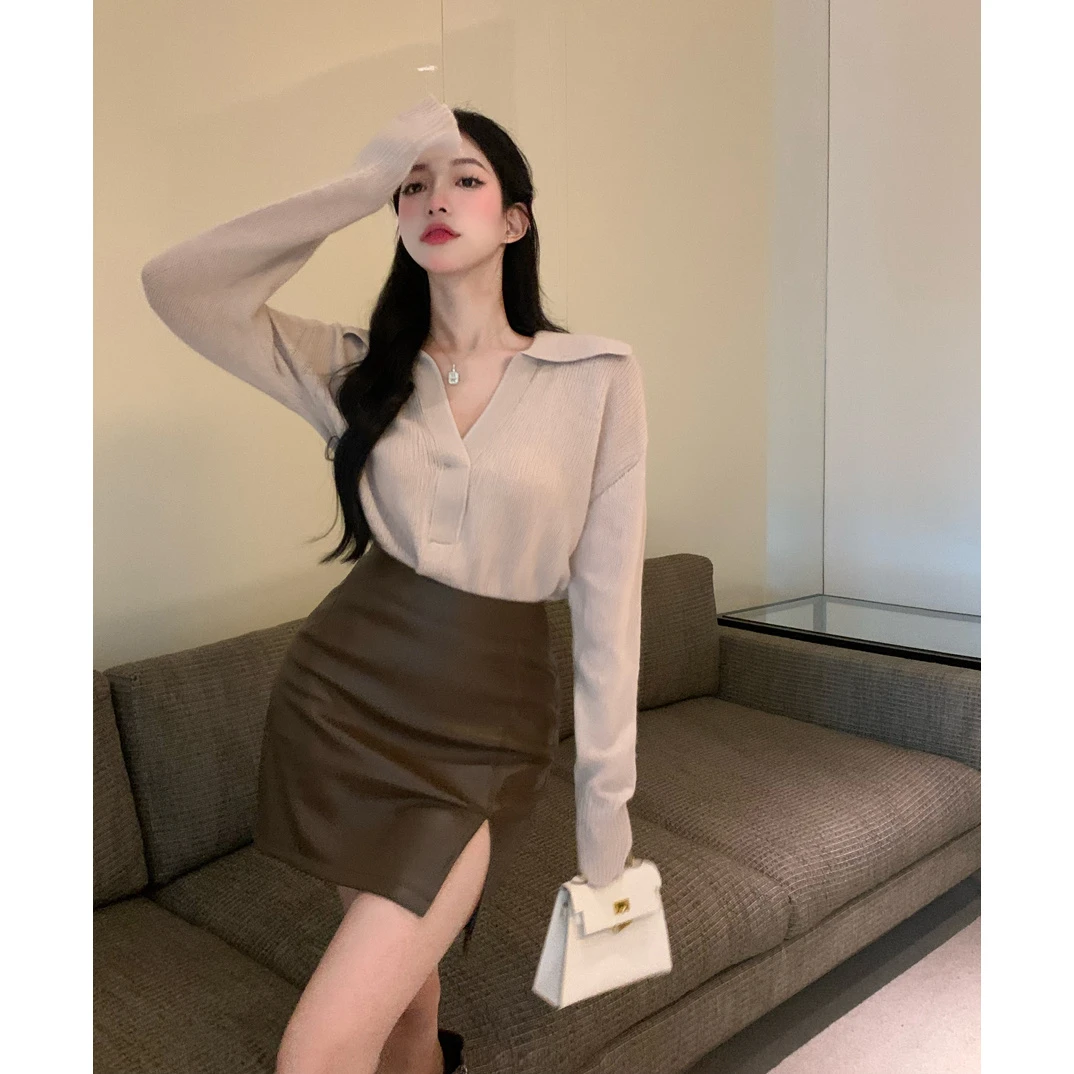 高腰开叉包臀修身pu皮裙半身裙+上衣女毛衣翻领宽松针织801