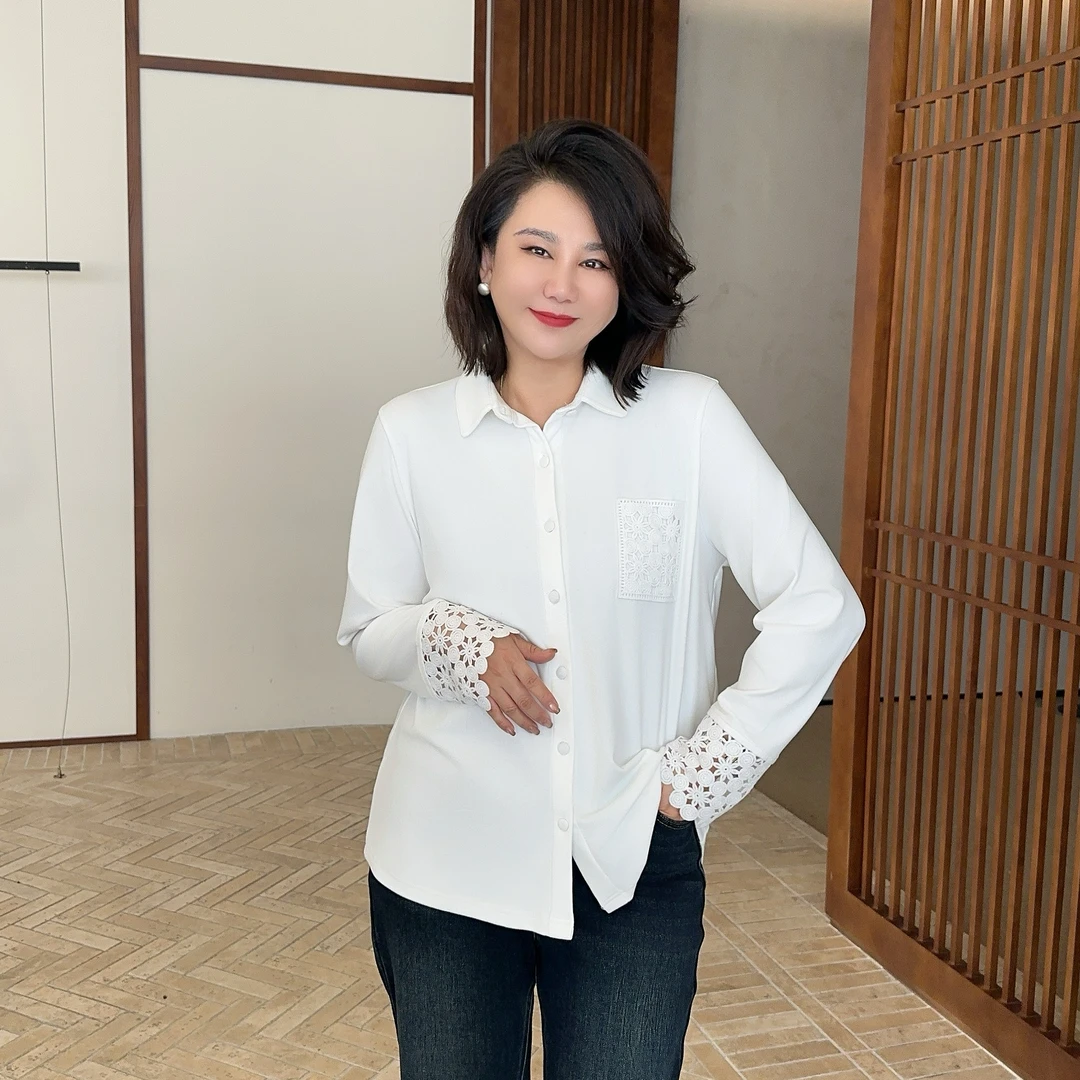 微胖女装【遐想】罗纹徳绒刺绣蕾丝拼接衬衫衬衣上衣氛围感20866