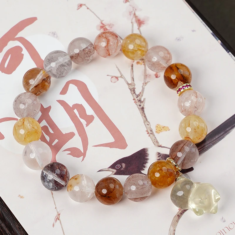 彩色胶花水晶黄水晶小猫手链-8716