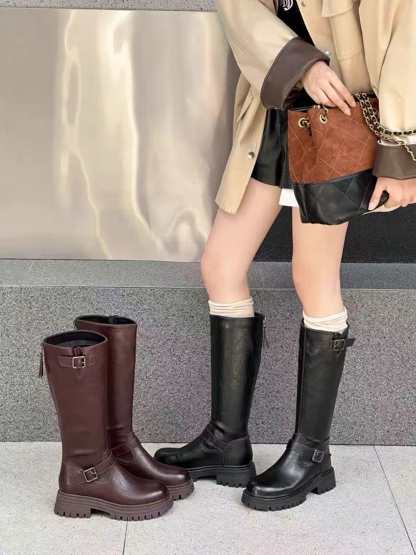 95058厚底骑士靴皮带扣长靴方跟不过膝高筒靴显瘦2025秋冬新款