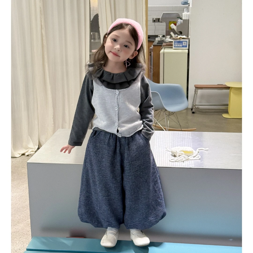 女童套装2025秋季新品韩版针织背心马甲叠穿荷叶领打底格子灯笼裤