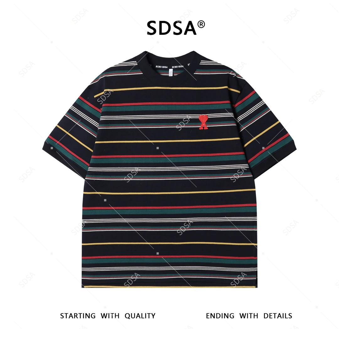 夏季高级感新款男士撞色条纹刺绣爱心字母短袖T恤显瘦圆领上衣潮