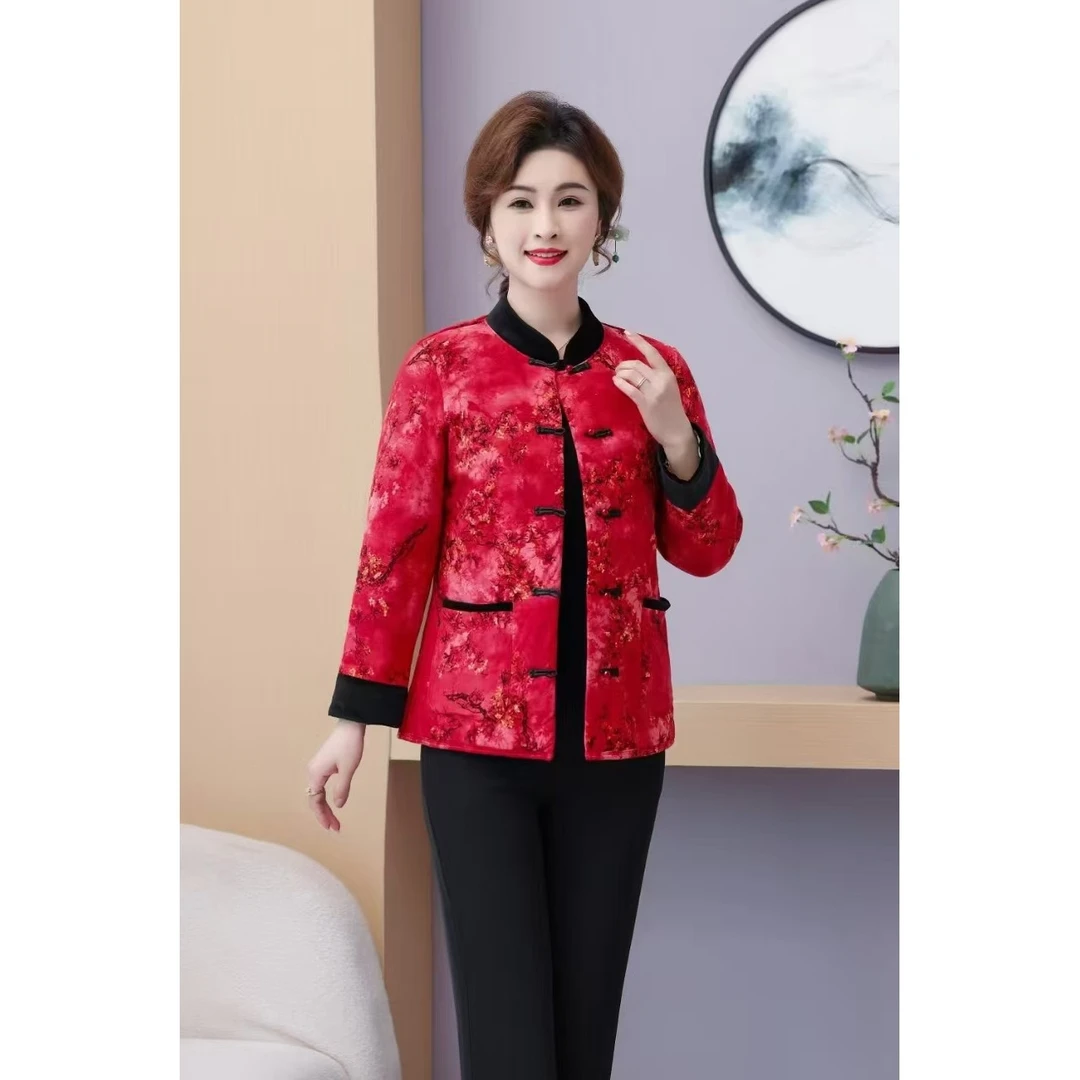 红色羊驼绒国风棉袄【图案随机】